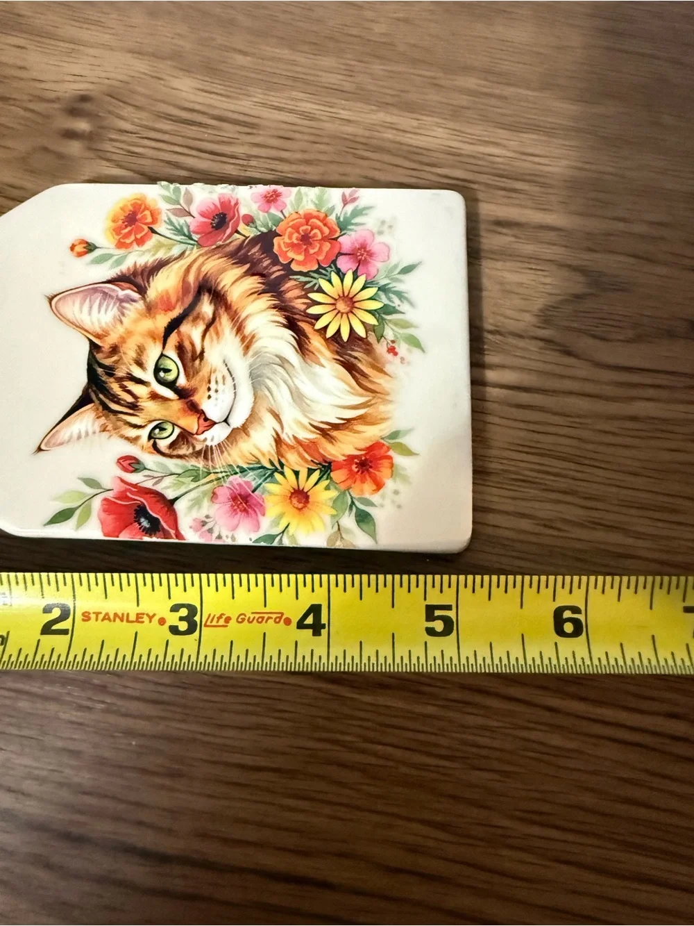 Decorative Cat Tile Hanging Plaque - Cream with Floral Artwork